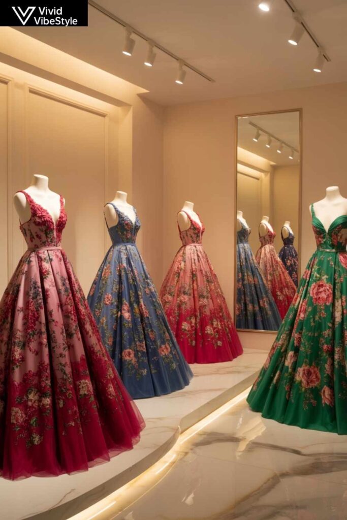 Upscale boutique showcasing high-quality floral evening dresses in silk, chiffon, and satin