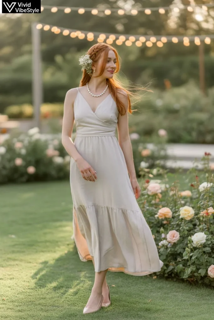 Elegant white summer dress styled for a garden party or special summer event.