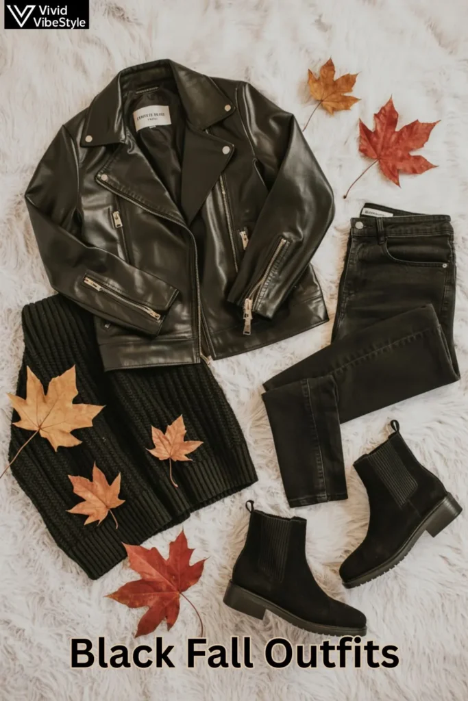 Flat lay of black leather jacket, sweater, and boots symbolizing why black dominates fall fashion.