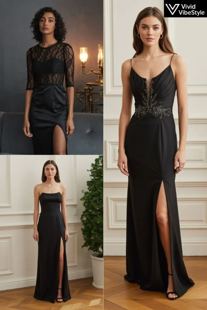Black evening dress silhouettes for A-line, mermaid, empire waist, and column styles to suit different body types