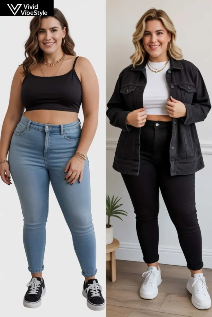 Plus-size women modeling trendy crop tops, high-waisted jeans, and monochrome co-ords, illustrating why curvy plus size baddie outfits flatter every body shape.