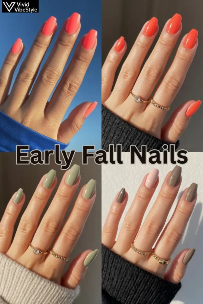Comparison of summer nails vs early fall nails showing muted caramel, olive, and taupe shades.