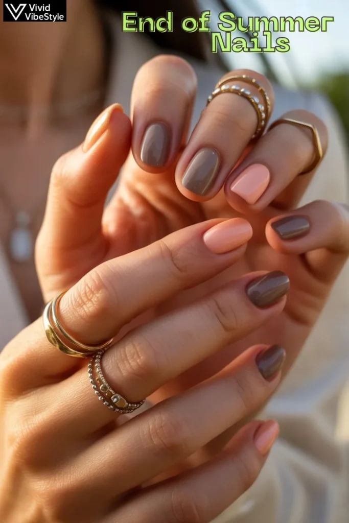 End of summer nails in peach and taupe shades glowing under golden-hour light with layered rings