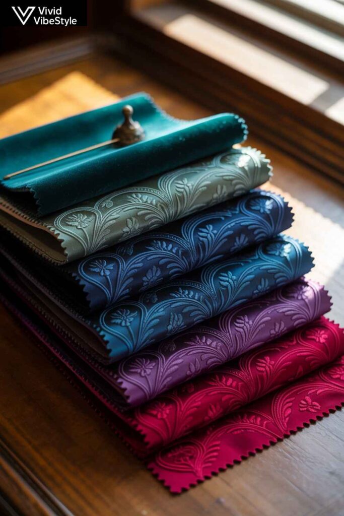 Luxurious velvet, chiffon, and satin fabrics with elegant floral prints for formal evening dresses