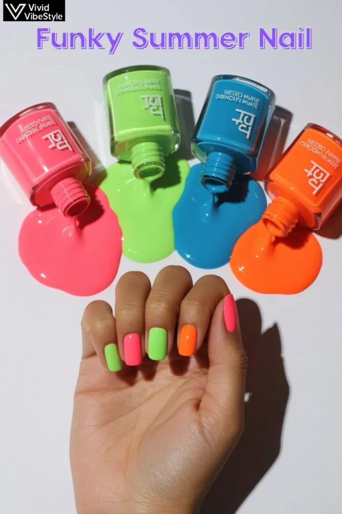 Hand with Funky Summer Nails surrounded by neon nail polish bottles in bright summer shades