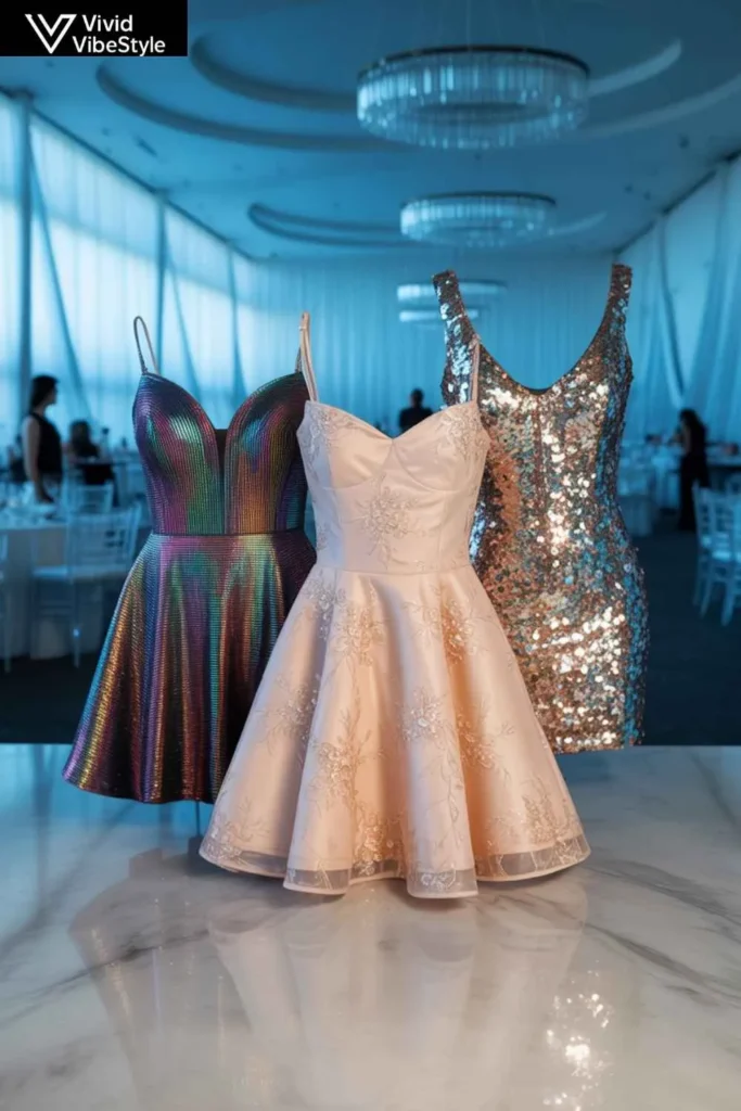 Trending 2025 short prom dresses in metallic, fit-and-flare, and sequined bodycon styles