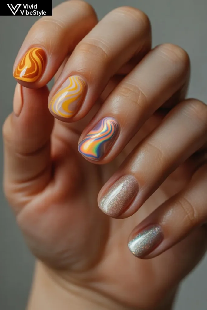Hand with mixed swirl nail designs including retro swirls, holographic finishes, and metallic accents
