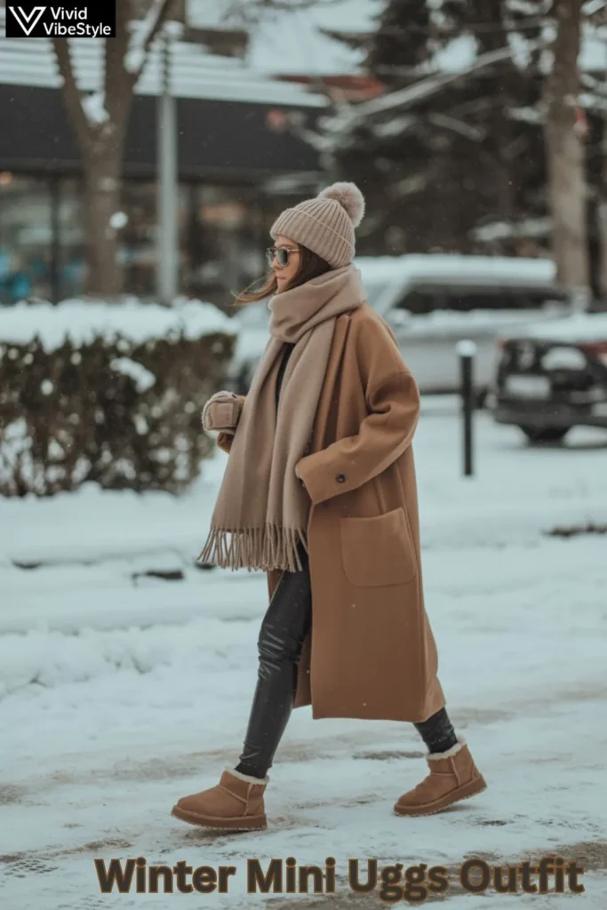 A cozy winter mini Uggs outfit perfect for cold days, featuring insulated leggings, a long wool coat, and knit accessories, blending warmth and style on a snowy urban street.