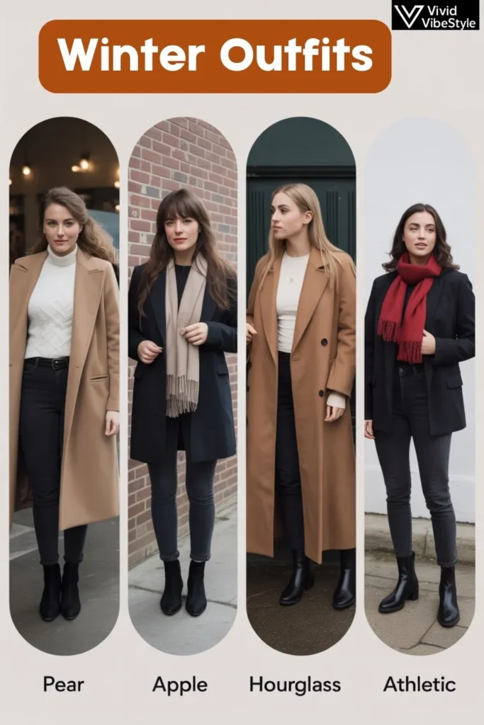 Women of different body types styled in flattering winter outfits with coats, scarves, and boots for chic seasonal fashion