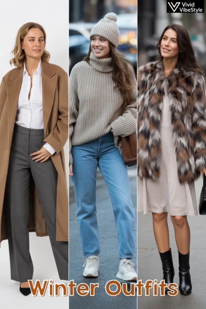 Three winter outfit ideas: professional office look, casual weekend style, and elegant special occasion winter fashion