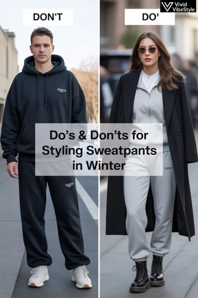 Comparison of winter sweatpants outfits showing a sloppy oversized look versus a chic tailored joggers and coat style