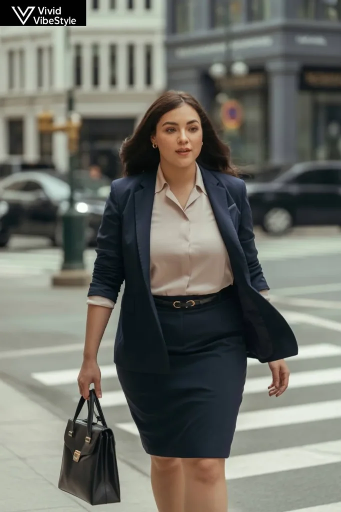 Curvy woman in professional outfit showing workplace curvy outfit ideas for every body figure