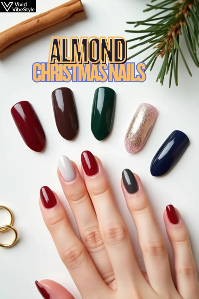 2025 Christmas nail color trends on almond nails: burgundy, forest green, dusty pink, winter white, and navy blue
