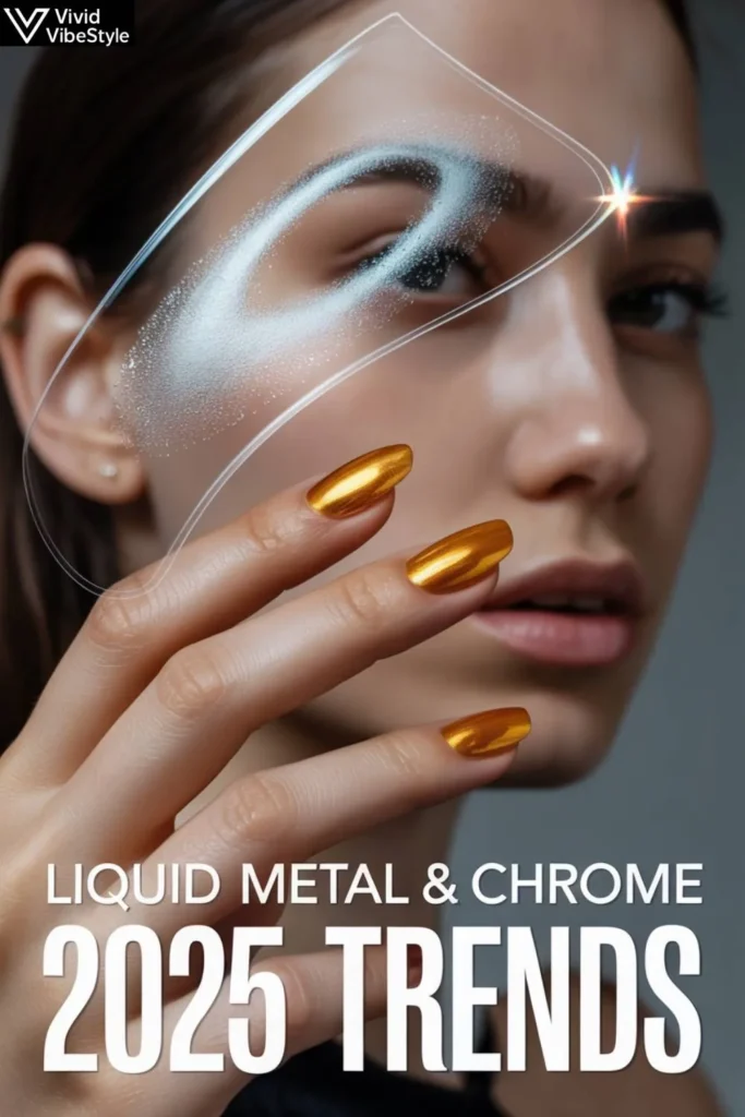 The dominating Gold Nails 2025 trends featuring liquid metal and mirror chrome finishes