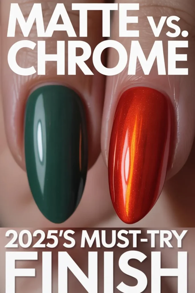 2025 trending Christmas nail finishes: matte green and holographic chrome red on almond nails