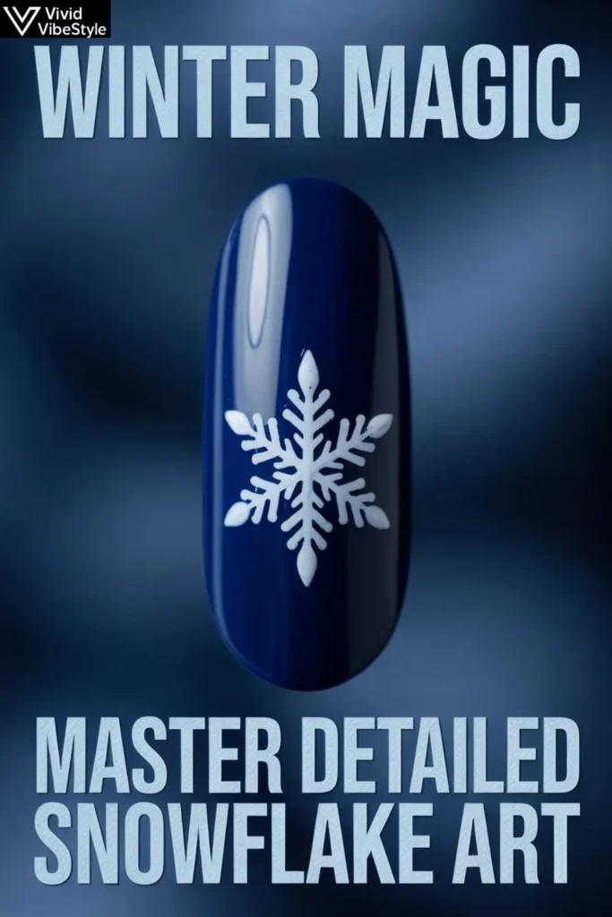 Detailed white snowflake nail art on a blue almond Christmas nail