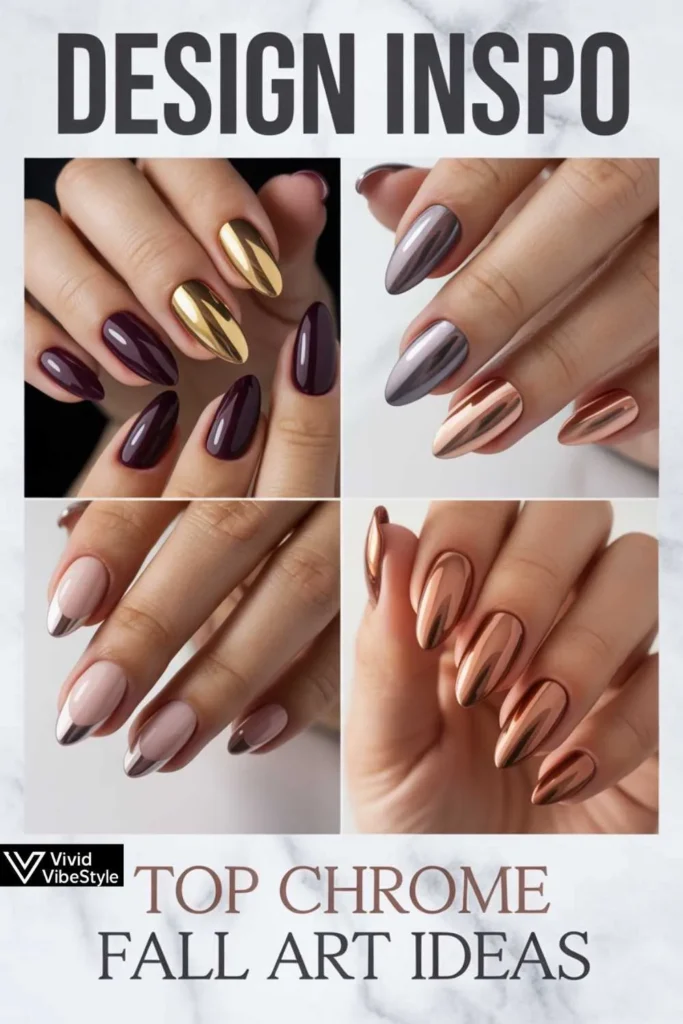 Inspirational collage of the best chrome fall nail design ideas, including accent nails and french tips