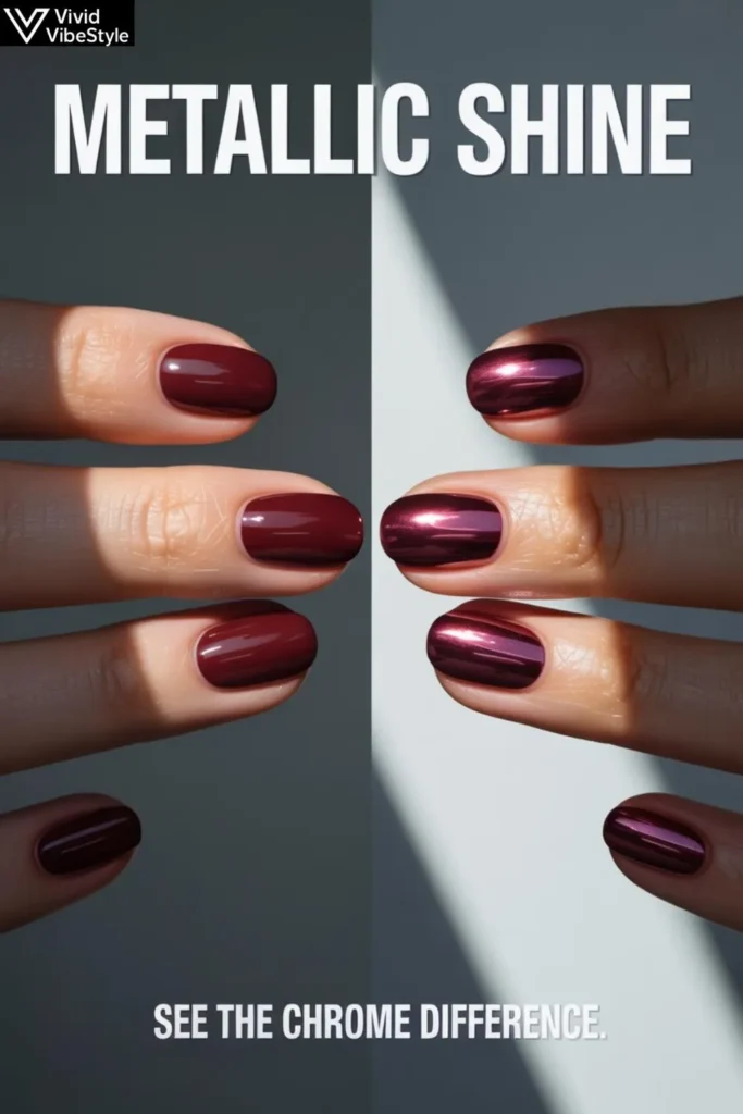Visual comparison showing the high-shine, reflective finish of chrome fall nails next to a traditional autumn manicure
