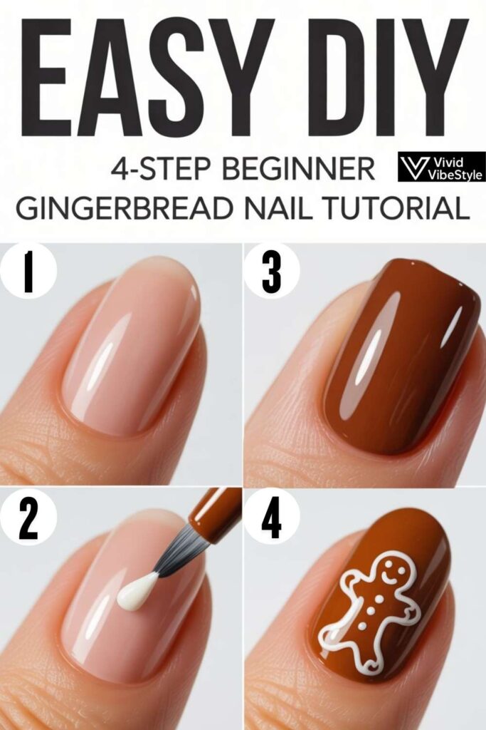 Easy 4-step DIY tutorial for creating beginner-friendly gingerbread nails at home