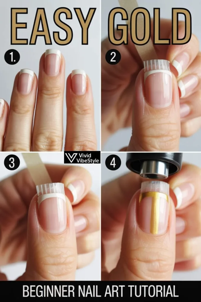 An easy beginner-friendly Gold Nails 2025 idea using striping tape for a professional look