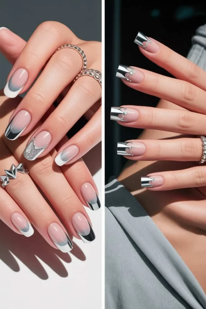 Silver French Tip Nails