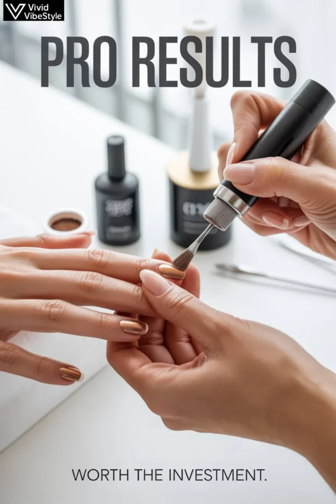 A professional nail artist applying chrome powder for a flawless, durable chrome fall nails manicure