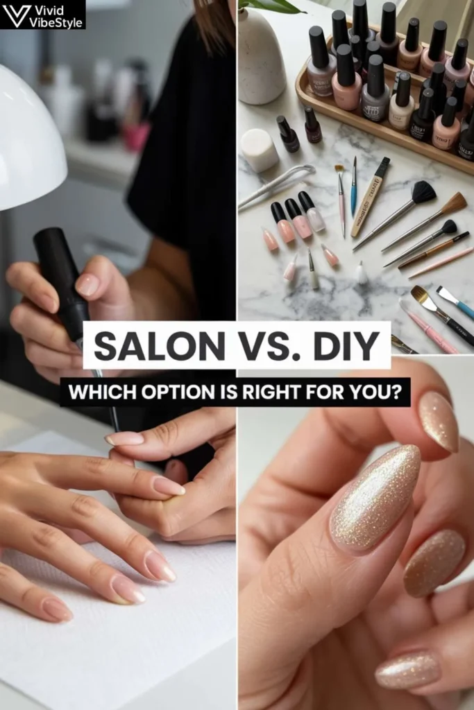 Professional salon vs at-home DIY setup for creating almond Christmas nails