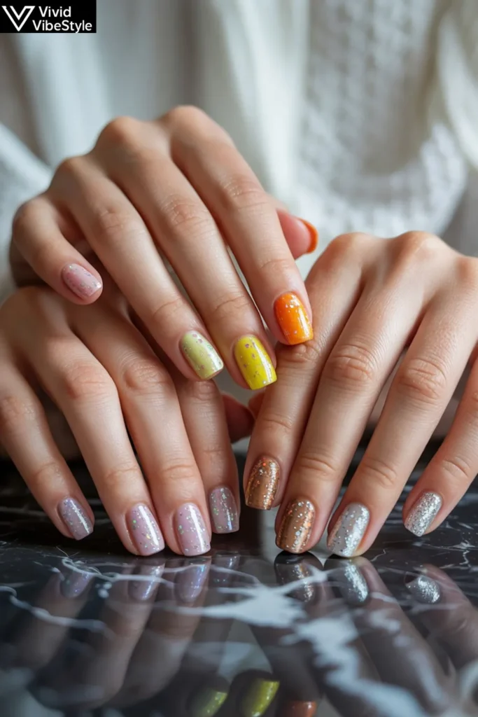 Glitter nails styled with seasonal trends: pastel spring, neon summer, metallic fall, and silver winter designs.