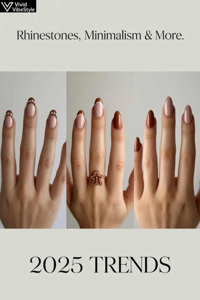 The most trending gingerbread nail designs for 2025 feature rhinestones, minimalist accents, and ombré effects.