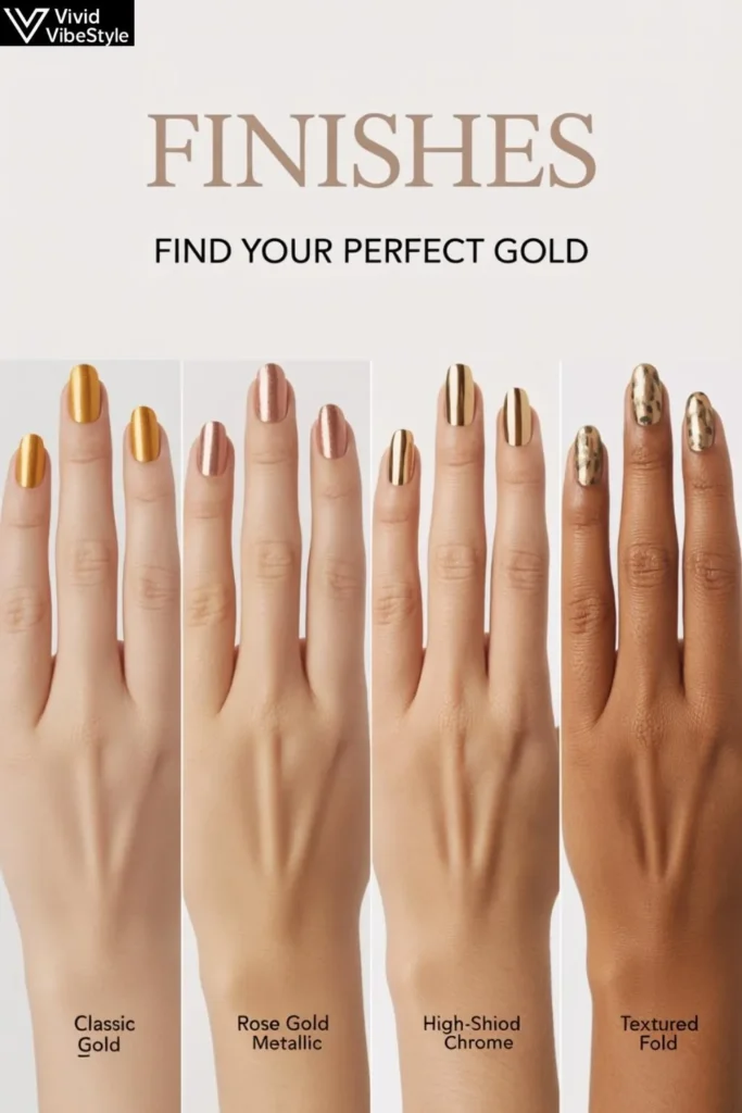 Explore the different types of gold nail finishes, from classic polish to chrome and foil