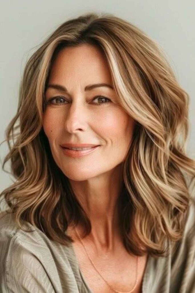 29 Flattering Medium Length Hairstyles for Women Over 50 in 2026 11 Loose Waves with Deep Side Part