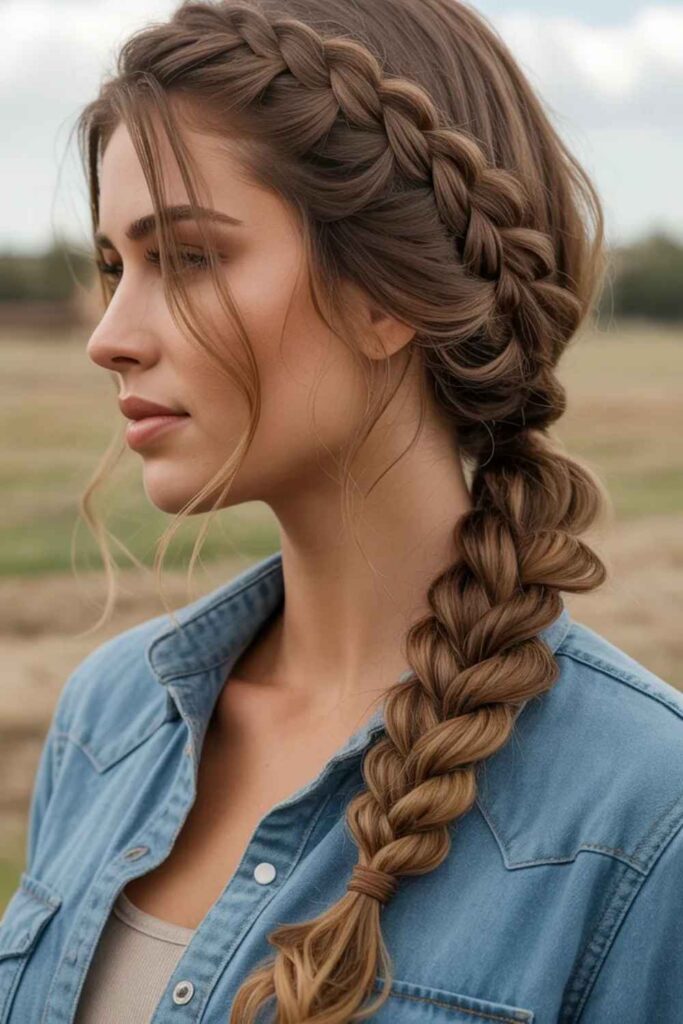 27 Cowgirl Hairstyle Ideas That Feel Modern, Effortless, and 2026-Ready 5 Low braided ponytail with texture