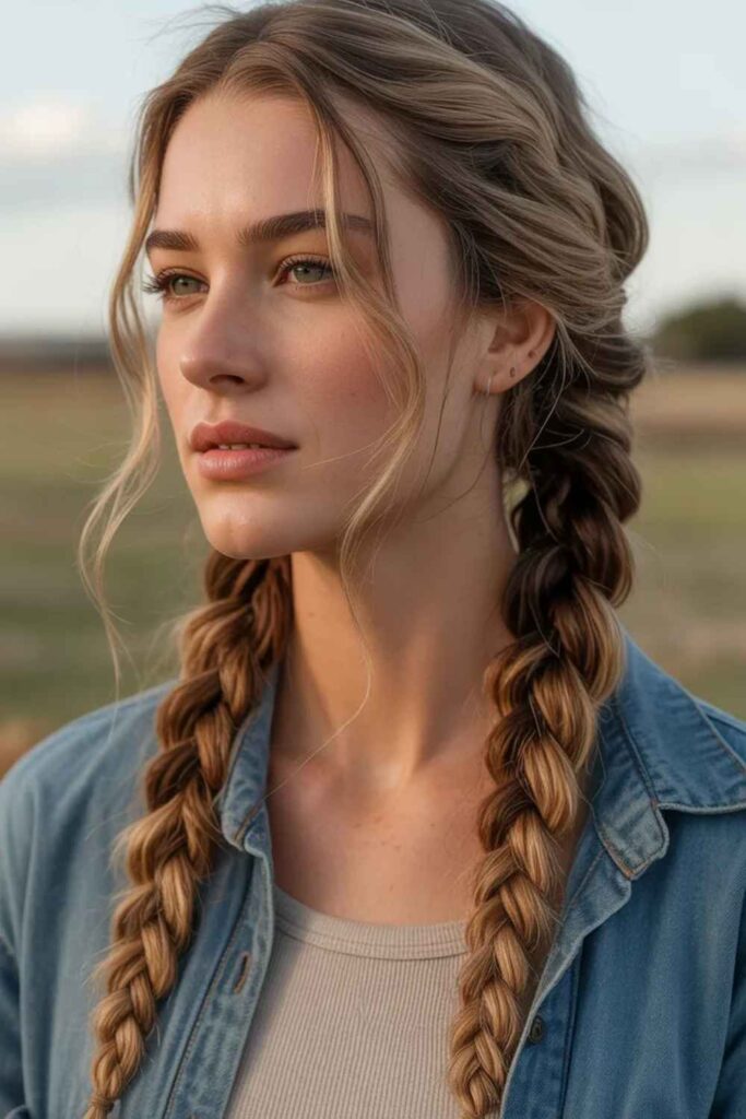 27 Cowgirl Hairstyle Ideas That Feel Modern, Effortless, and 2026-Ready 11 low twin braids with relaxed ends