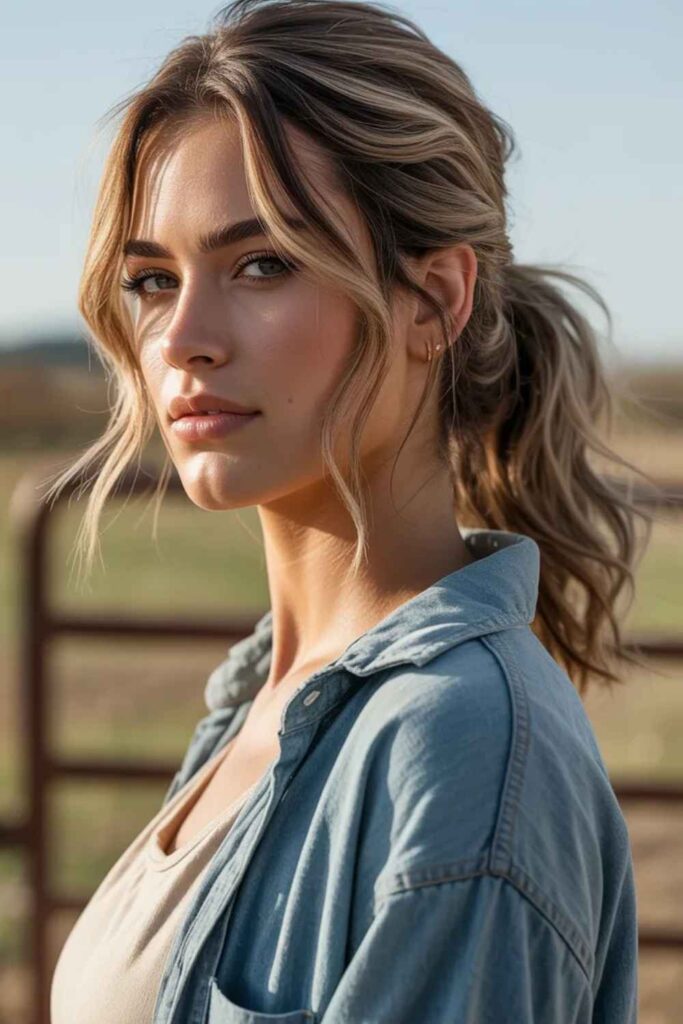 27 Cowgirl Hairstyle Ideas That Feel Modern, Effortless, and 2026-Ready 13 Messy ponytail with face-framing pieces