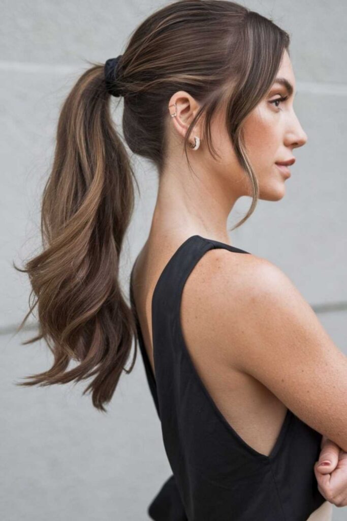 27 Effortlessly Chic Hairstyles for Women Over 60 With Thick Hair in 2026 17 Sleek Pony With Textured Ends