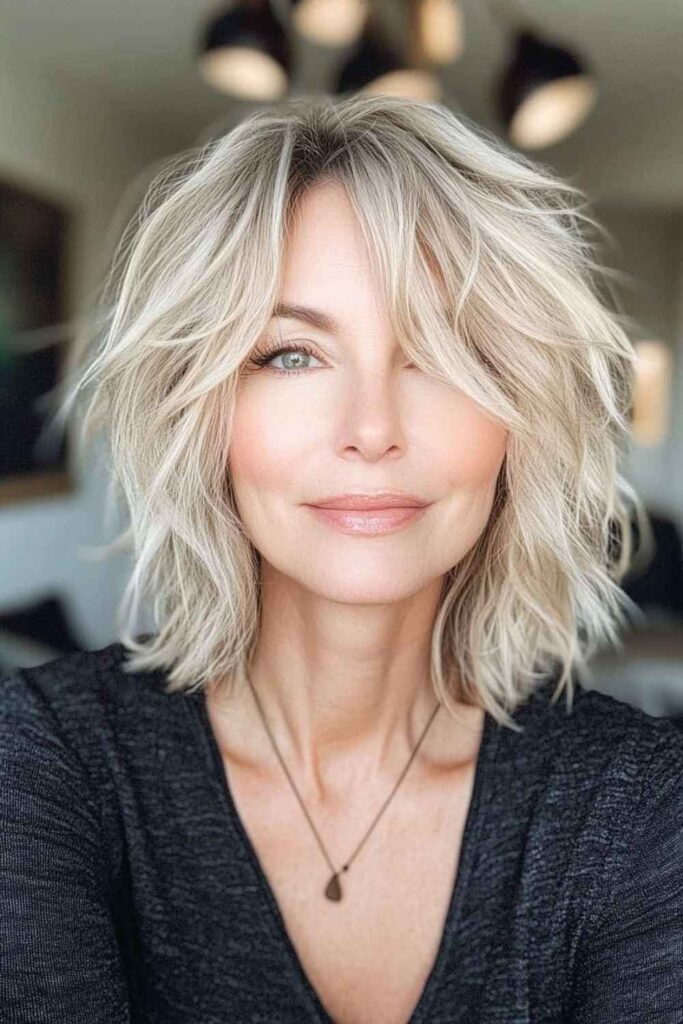 29 Flattering Medium Length Hairstyles for Women Over 50 in 2026 3 Textured Lob with Curtain Bangs