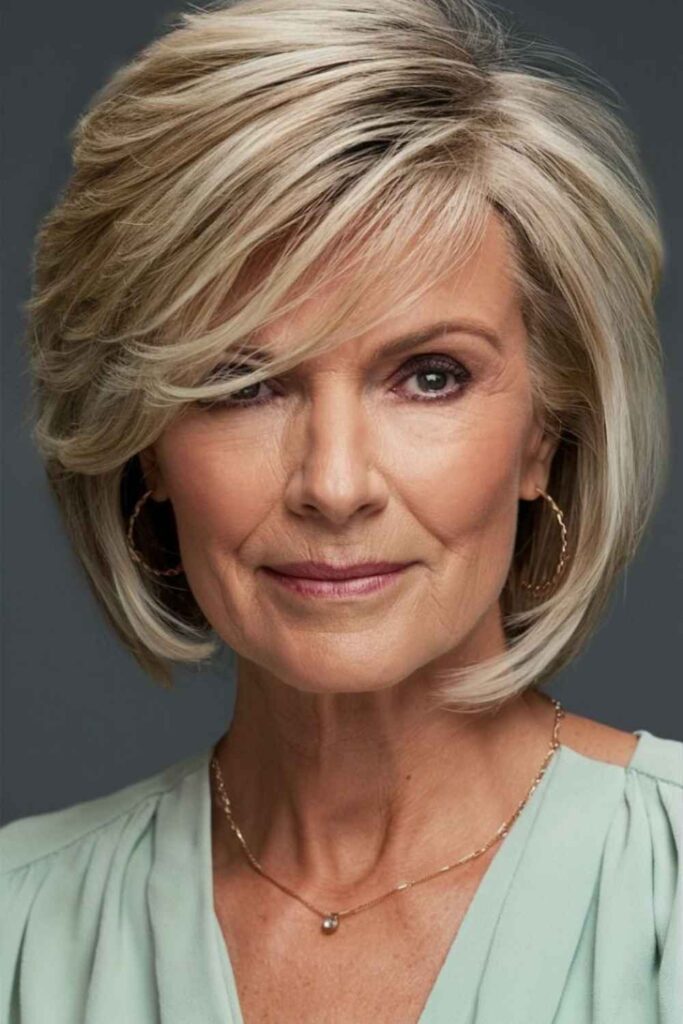 25 Chic Hairstyles for Women Over 60 with Fine Hair in 2026 13 Classic Layered Cut with Side Bangs