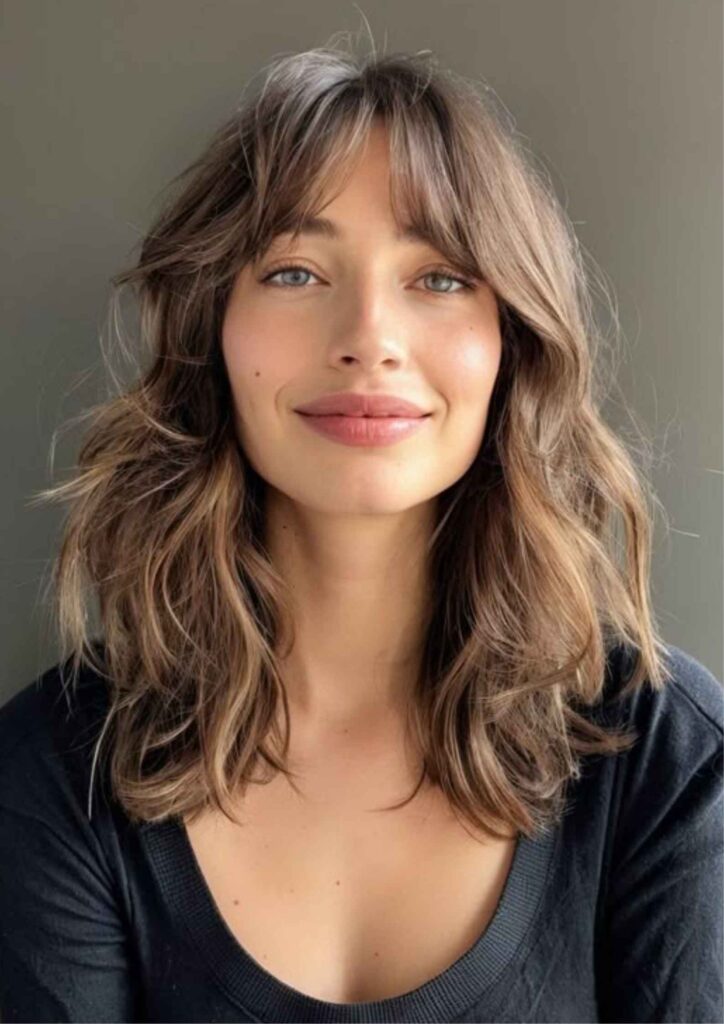 47Hairstyles for Women Over 40 With Bangs Modern, Youthful & Effortlessly 10 Layered Medium Cut With Wispy Fringe