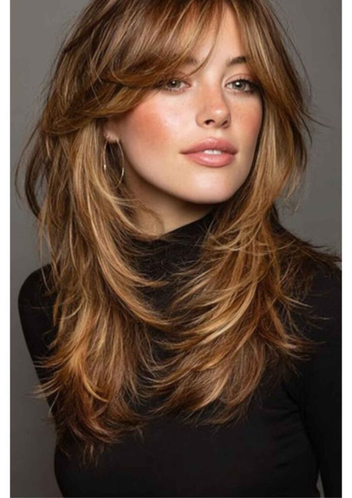 47Hairstyles for Women Over 40 With Bangs Modern, Youthful & Effortlessly 4 Shoulder Length Layers With Curtain Bangs