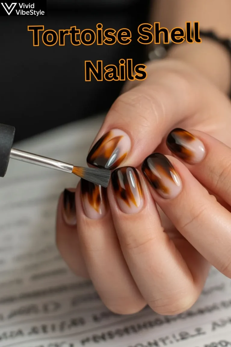 Nail artist creating tortoise shell nails using advanced layering techniques with amber and black polish.
