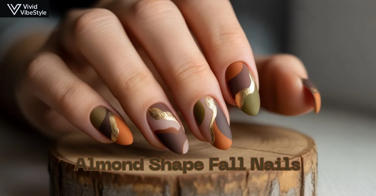 Collage of trending almond shape fall nails for 2024 with matte finishes, earthy tones, and gold foil accents.