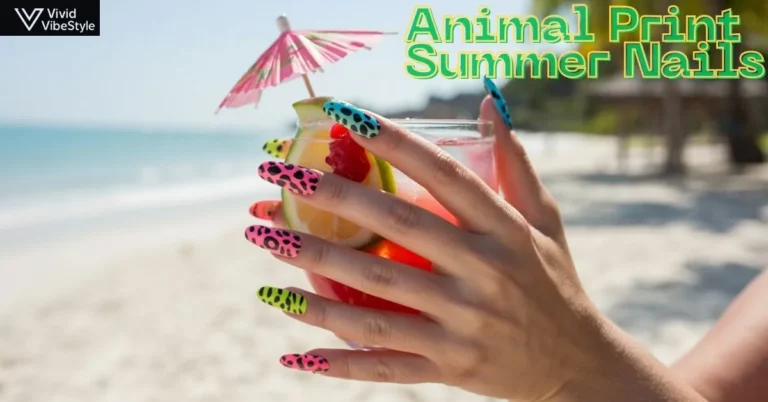 Hand holding a tropical drink with vibrant animal print summer nails in leopard and zebra designs