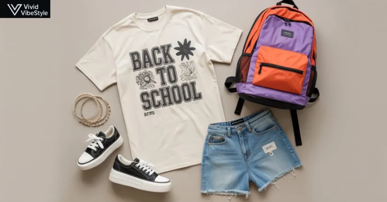 Flat lay of trendy 2025 back to school outfits featuring oversized graphic tee, platform sneakers, colorful backpack, and layered jewelry styled for students