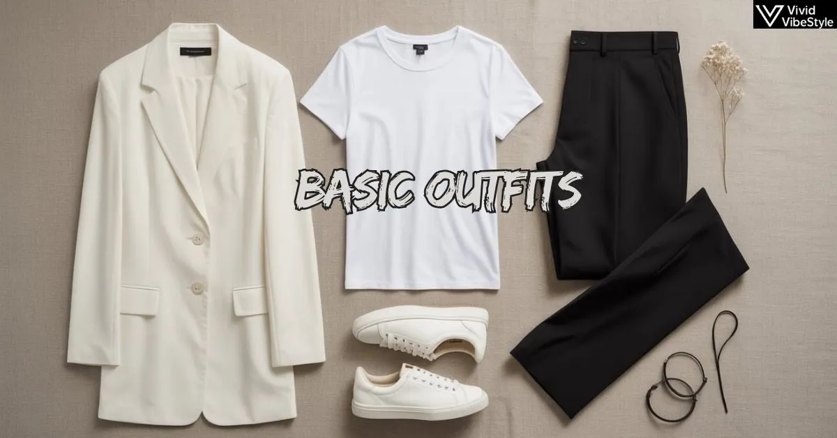 Flat lay of capsule wardrobe basics including a white T-shirt, black trousers, blazer, and minimalist accessories for effortless 2025 style