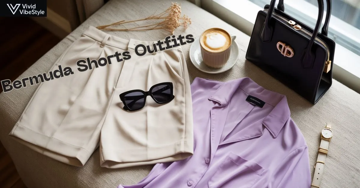 Flat lay of Bermuda shorts outfits styled with a silk blouse, sunglasses, and sandals chic 2025 summer fashion guide