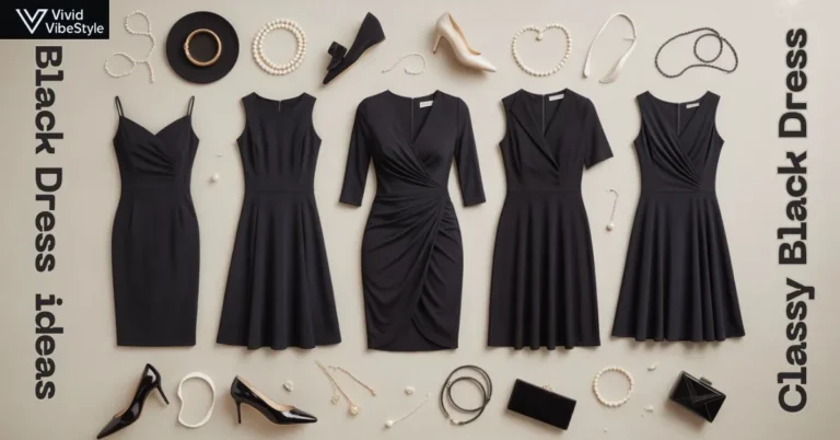 Flat lay of elegant black dresses styled with pearls, heels, and handbags – timeless outfit inspiration for classy black dress looks in 2025