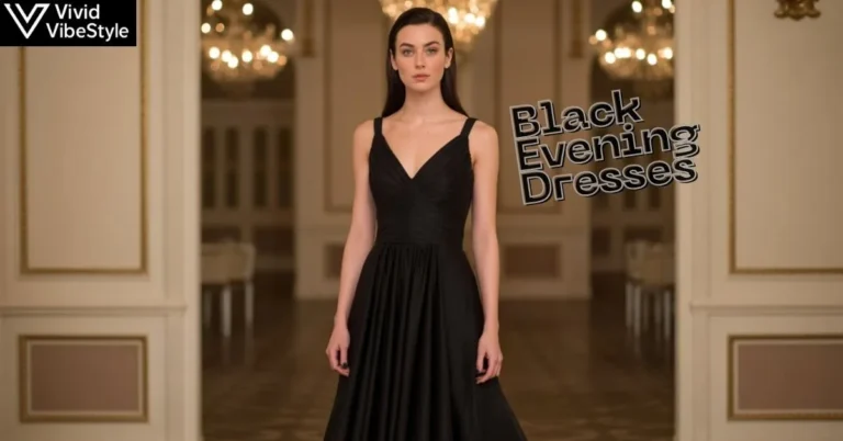 Model wearing a black evening dress in an elegant ballroom for a timeless formal look.