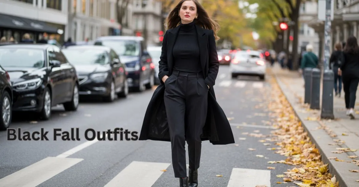 Woman in an all-black fall outfit with wool coat and ankle boots, showing effortless fall elegance.