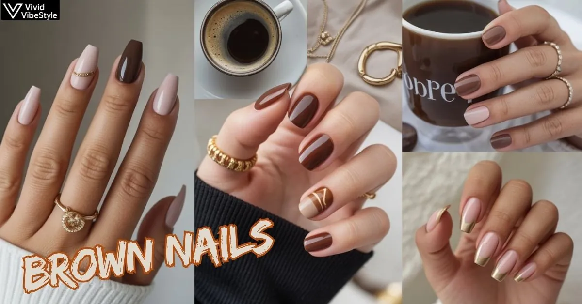 Collage of 50+ trendy brown nails designs for 2025 featuring glossy mocha, ombre espresso, matte cocoa, and chic gold accents