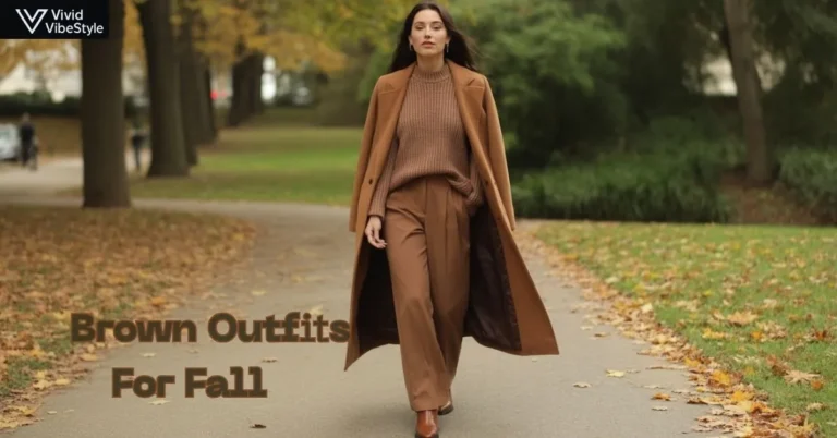 Stylish woman walking in autumn park wearing layered brown fall outfit with camel coat, sweater, and boots.